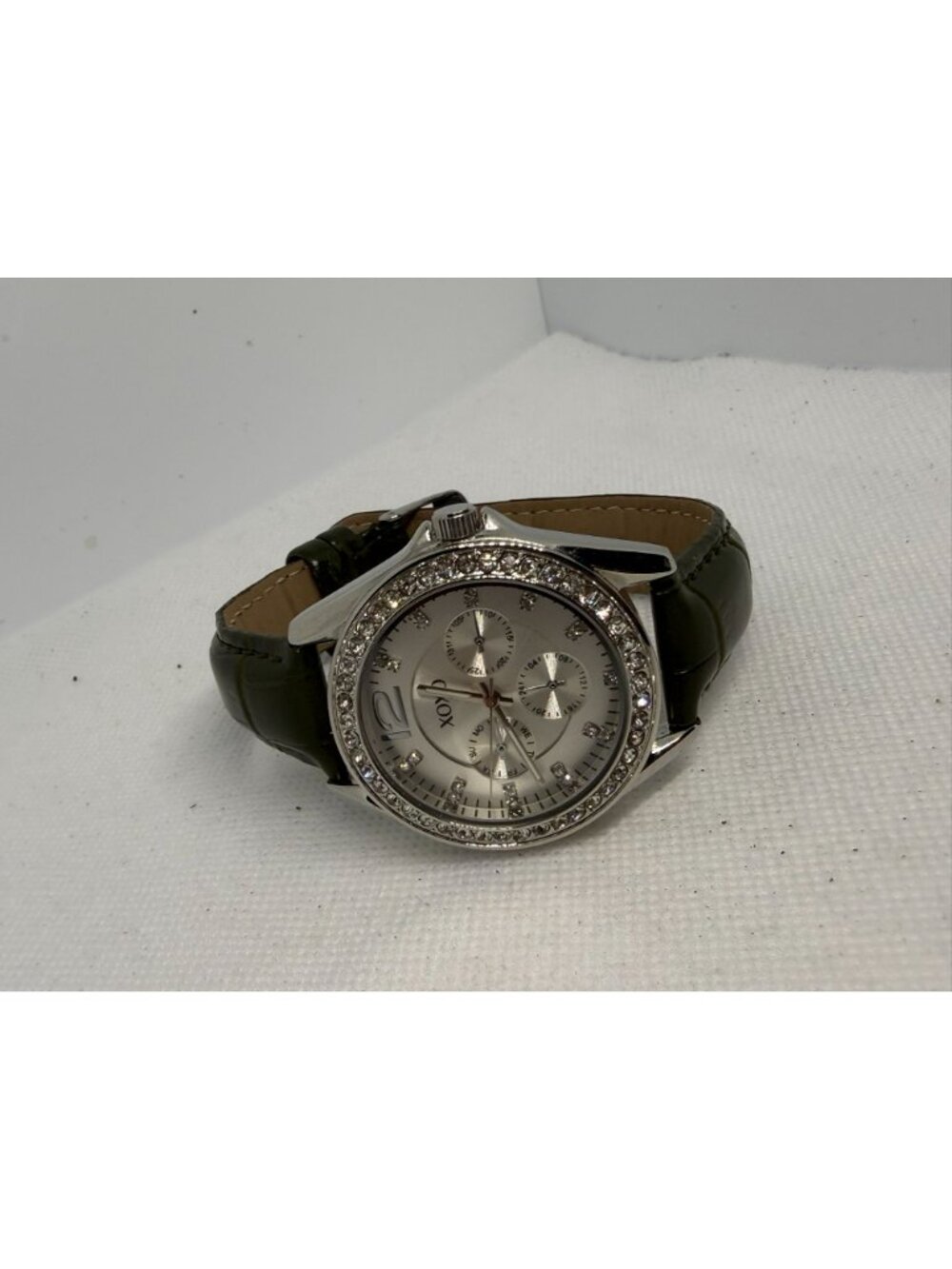 XOXO 3347 Women's 37mm Silver Crystal Bezel Faux Chrono Olive Green Band Watch - Picture 9 of 13